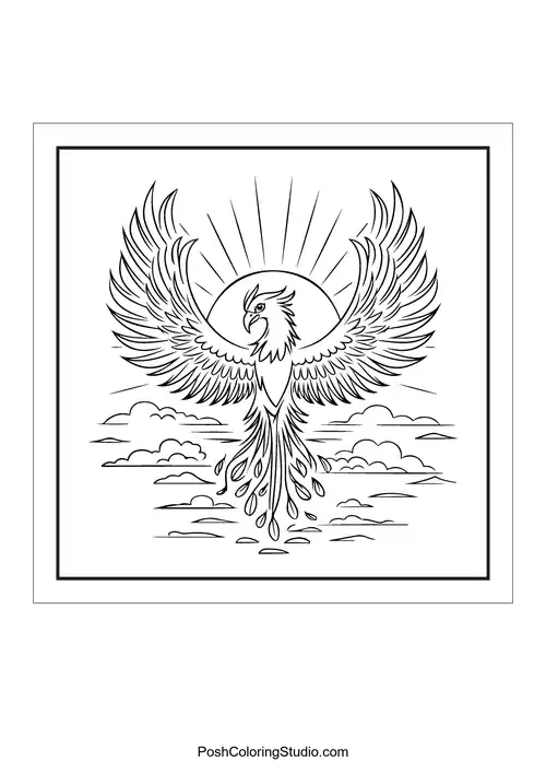 A phoenix rising with rays of sunlight behind it.