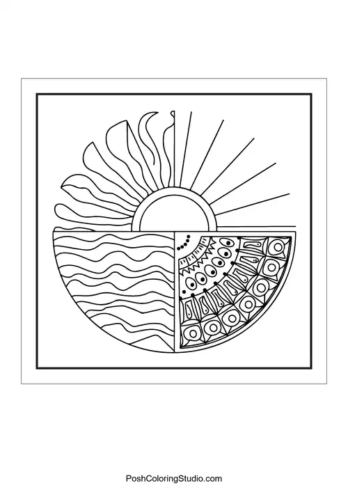 A half sun with intricate patterns and designs.
