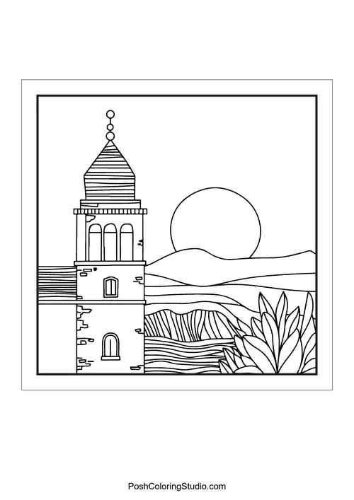 A tower with a sun setting behind mountains.