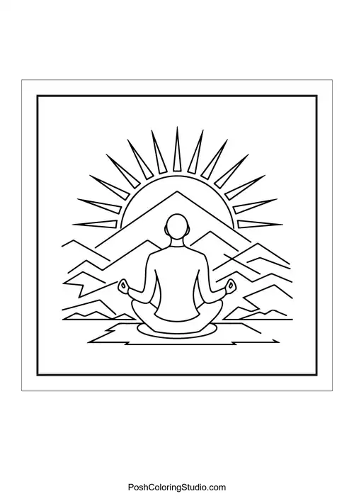 A meditating figure with mountains and sun rays.