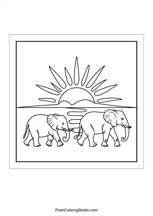 Two elephants walking with a sun setting behind them.