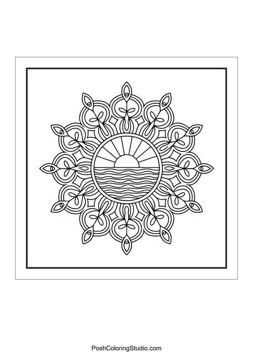 A mandala design featuring a sun and waves.