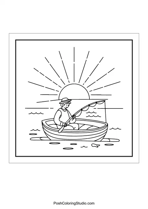 A fisherman in a boat with a rising sun.