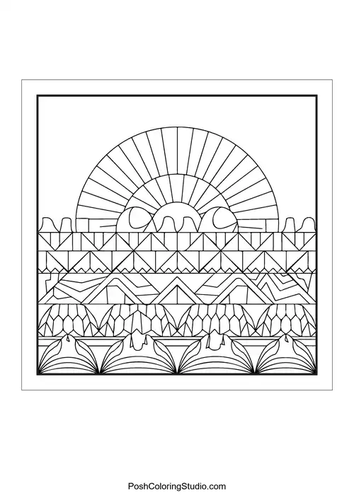 A geometric landscape with a large sun.