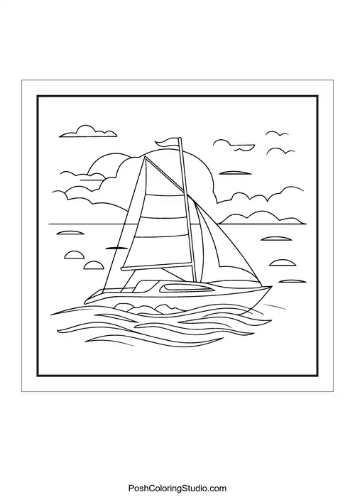 A sailboat on water with a sun in the background.