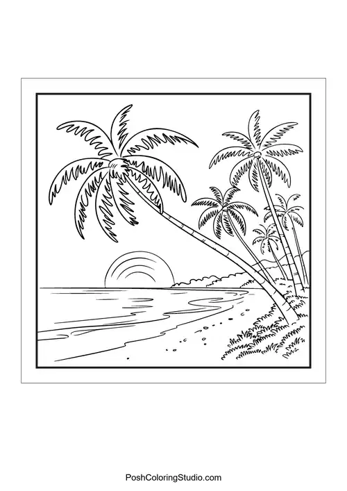 Palm trees leaning towards a setting sun.