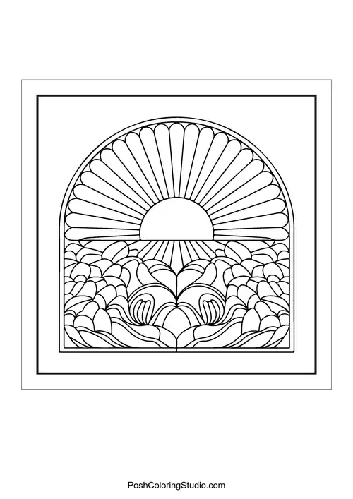 A sun rising over waves with a decorative arch.