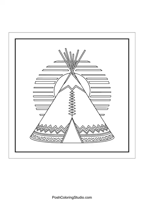 A teepee with a sun and rays behind it.