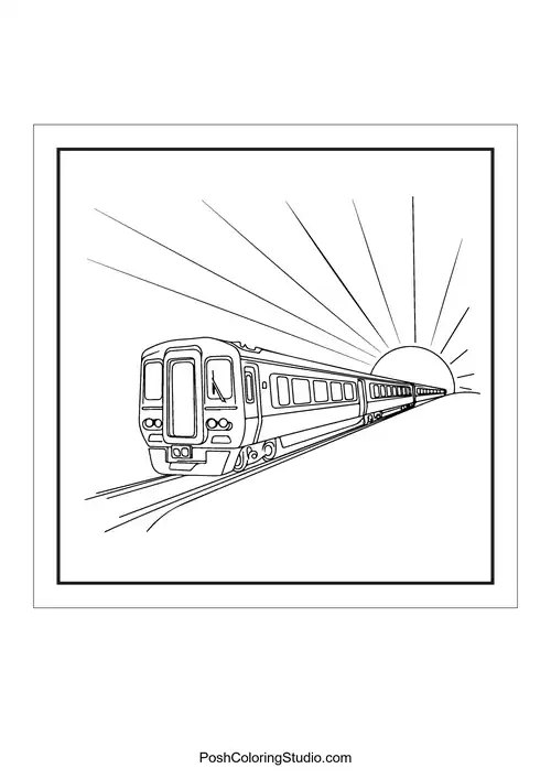 A train traveling towards a setting sun.