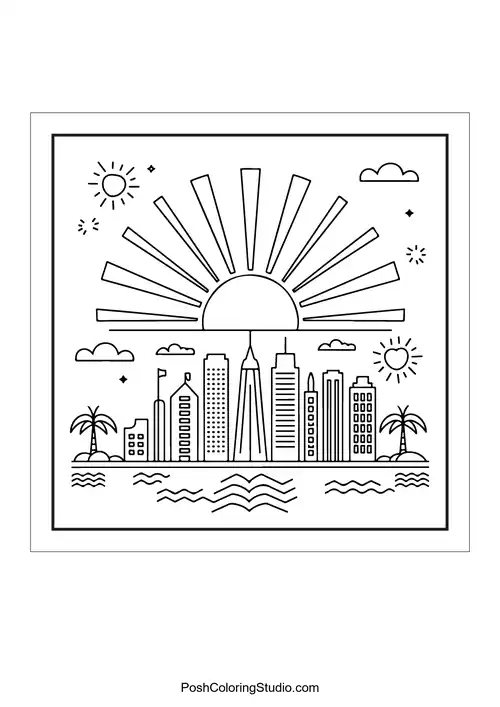 A city skyline with a sun and clouds.
