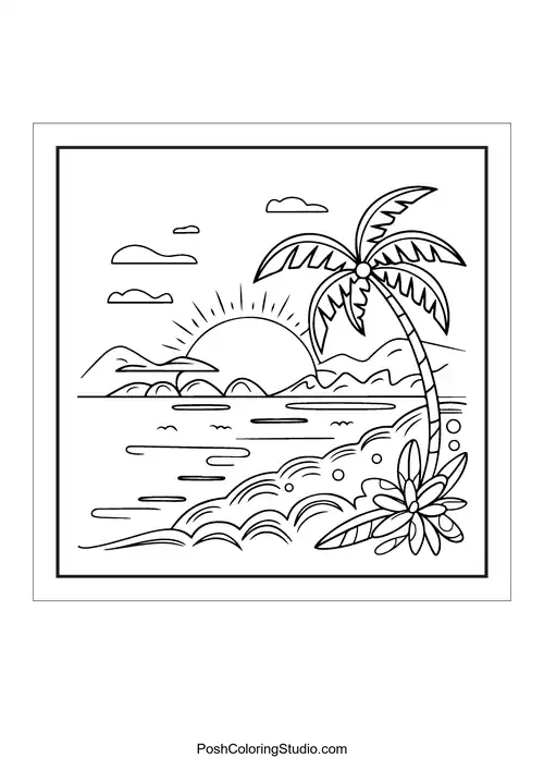 A beach scene with a palm tree and sun.