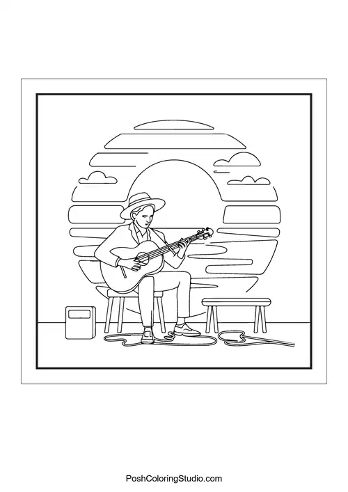 A musician playing guitar with a sun backdrop.