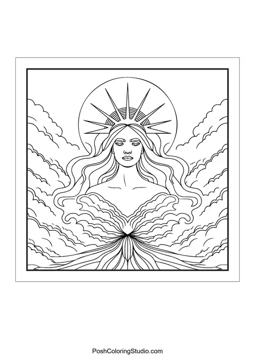 A goddess figure with flowing hair and sun rays.