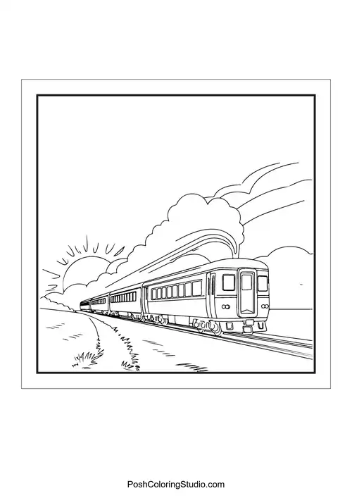 A train traveling on tracks with a sun setting.