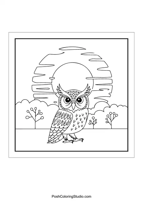 An owl standing under a sun and trees.