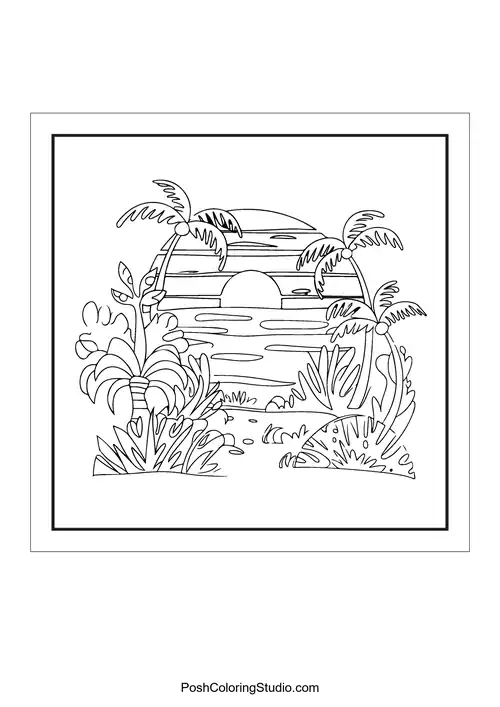 A tropical scene with palm trees and a sunset.