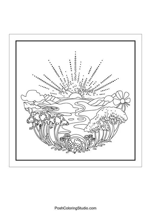 A whimsical landscape with a sun and flowers.