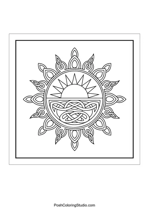 A sun surrounded by decorative rays and waves.