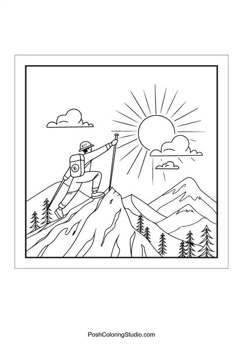 A hiker climbing a mountain under the sun.