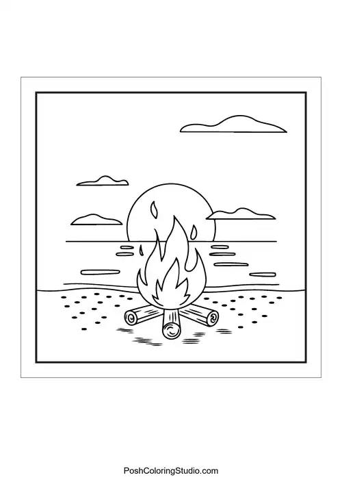 A campfire on the beach with a sunset.