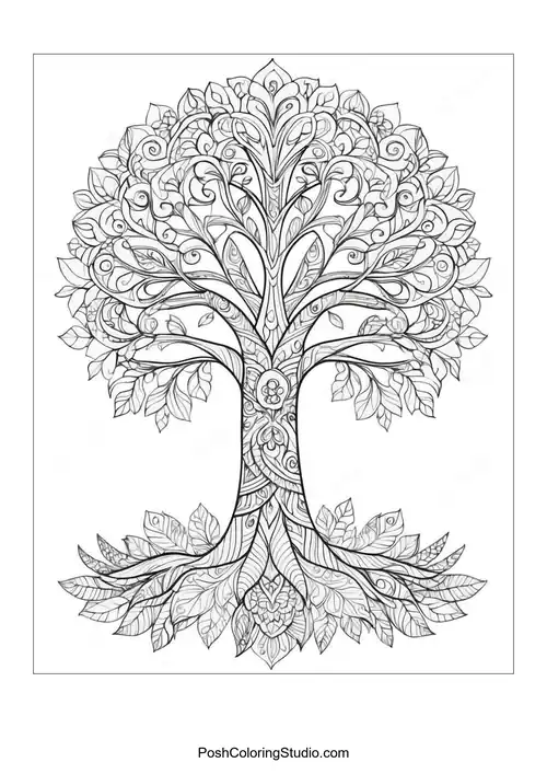 A tree with detailed leaves and swirling patterns.