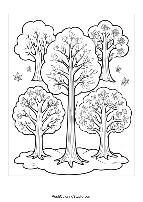 A group of trees with varying shapes and sizes.