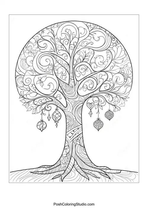 A tree with hanging ornaments and intricate designs.