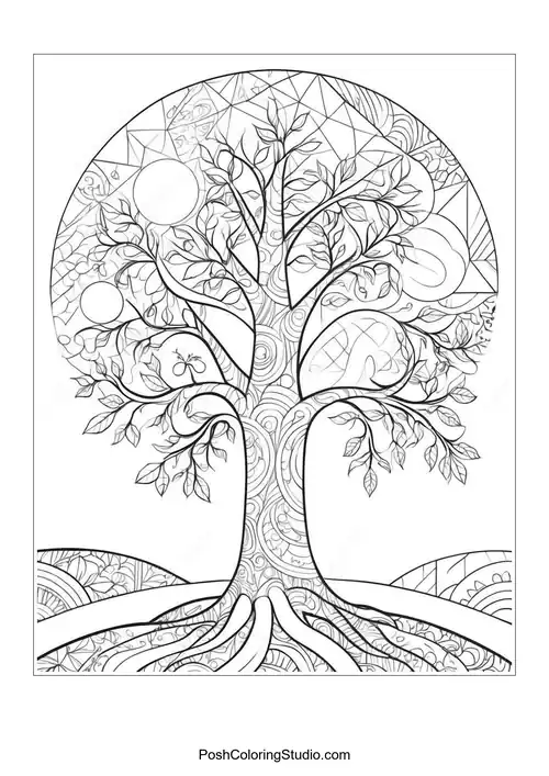 A tree with detailed leaves and a circular design.