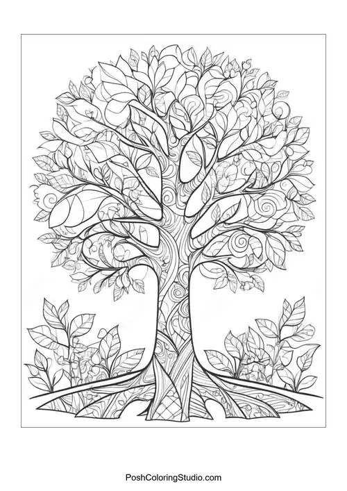 A tree with intricate patterns and a winding trunk.
