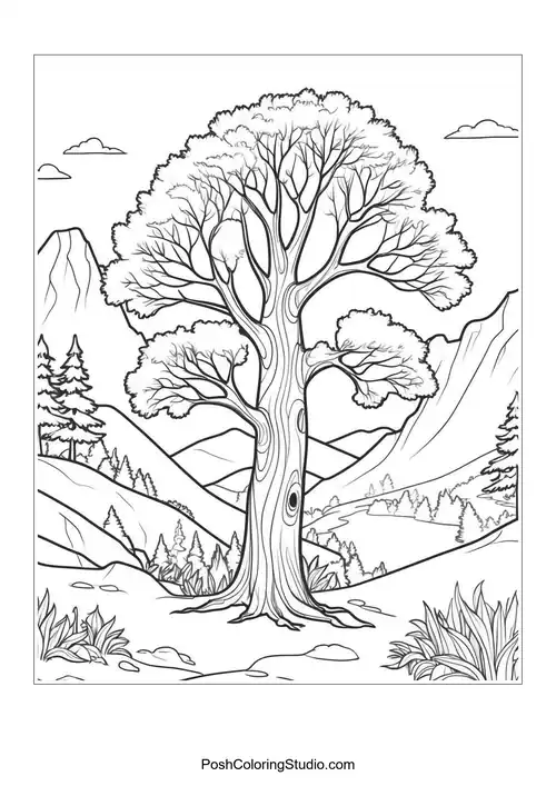 A tree with a textured trunk and swirling designs.