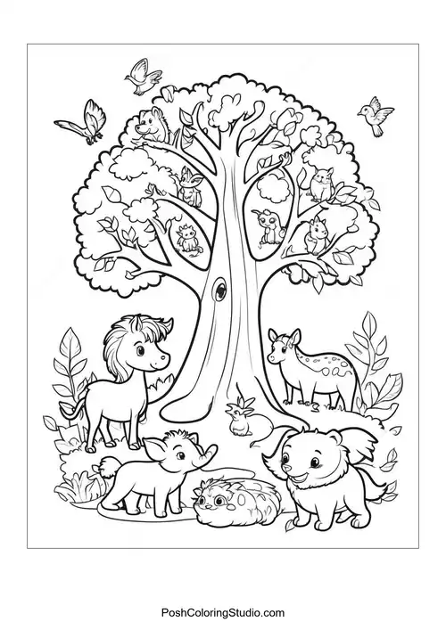 A tree with intricate patterns and a circular design.
