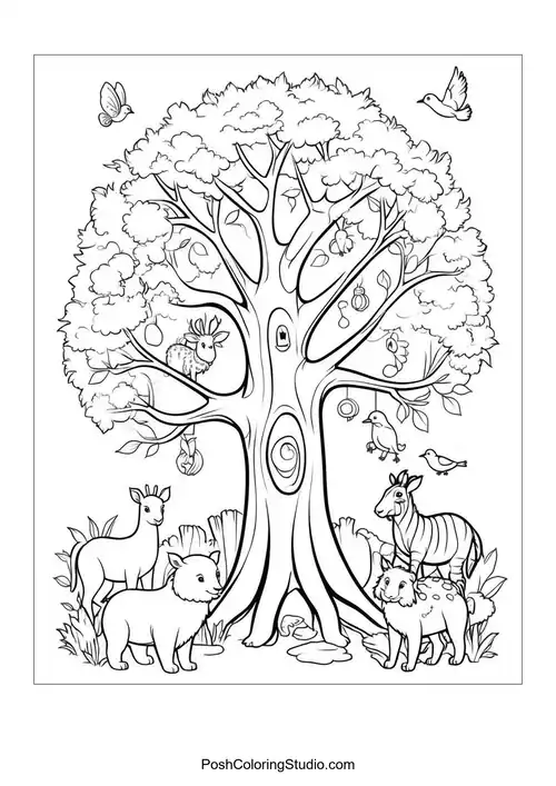 A tree with detailed leaves and a winding trunk.