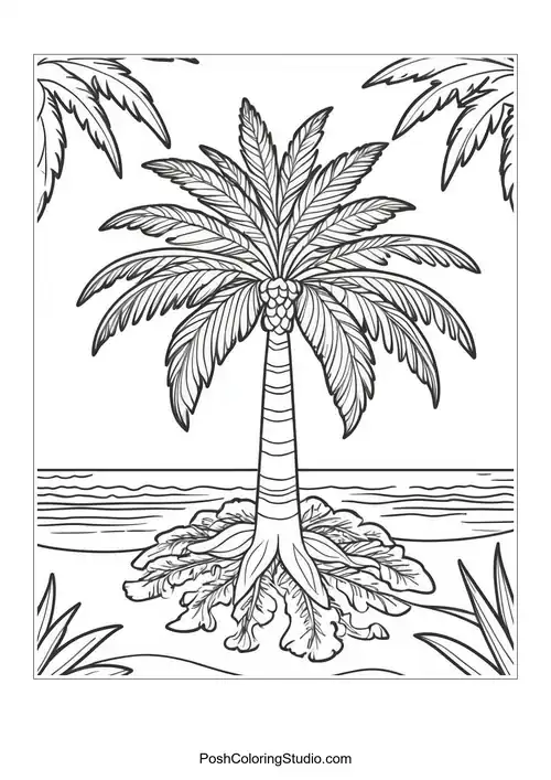 A tall palm tree with detailed fronds and roots.