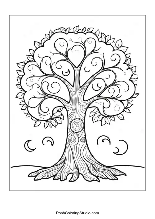 A tree with detailed branches and a winding path.