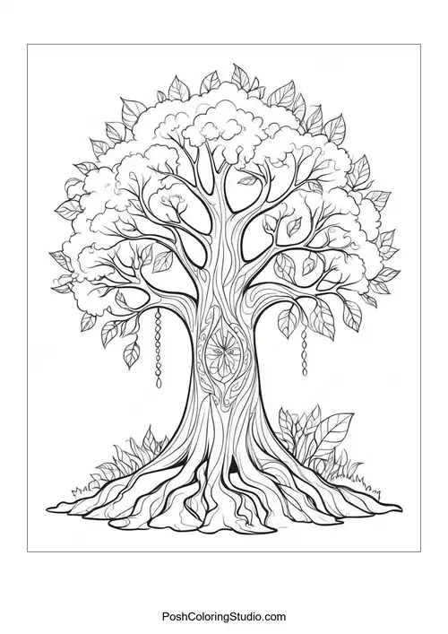 A tree with intricate patterns and a circular design.