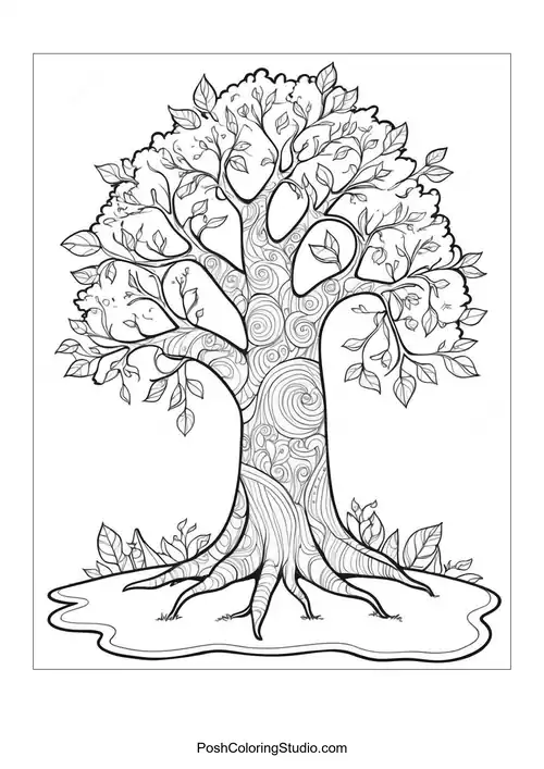 A tree with detailed leaves and a winding trunk.