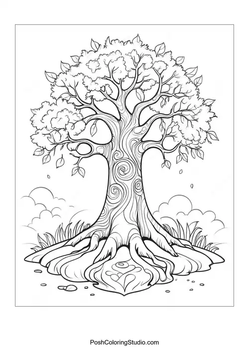 A tree with detailed branches and a winding path.