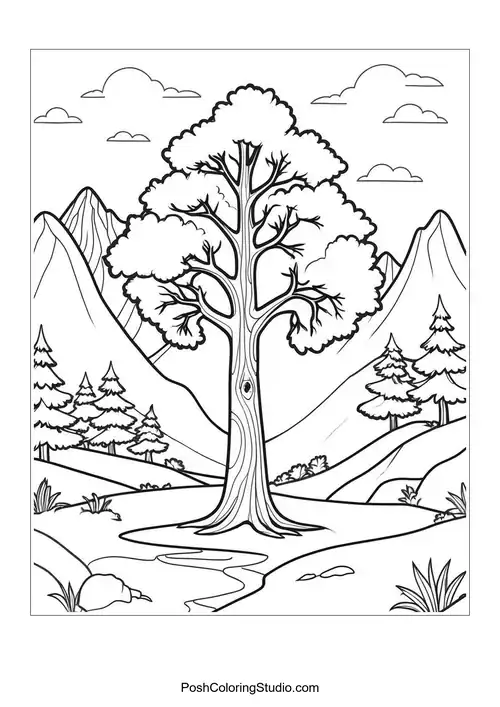 A tree with intricate patterns and a circular design.