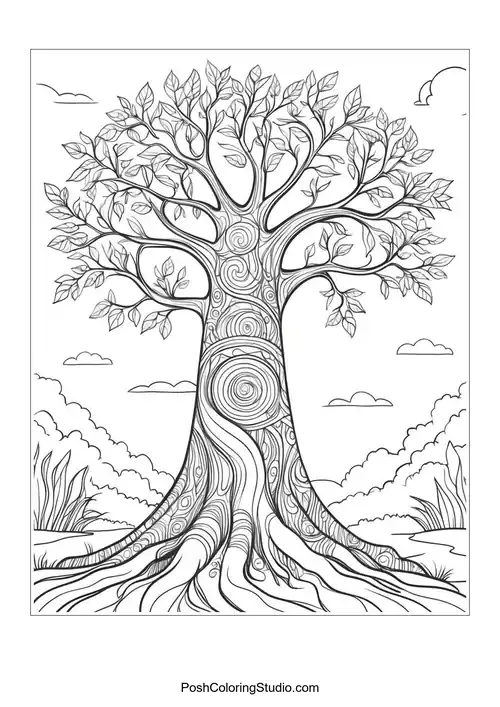 A tree with detailed leaves and a winding trunk.