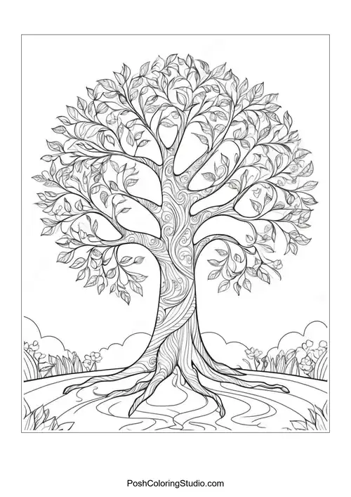 A detailed tree with swirling branches and leaves.