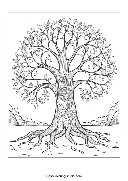A tree with spiraled branches and a textured trunk.