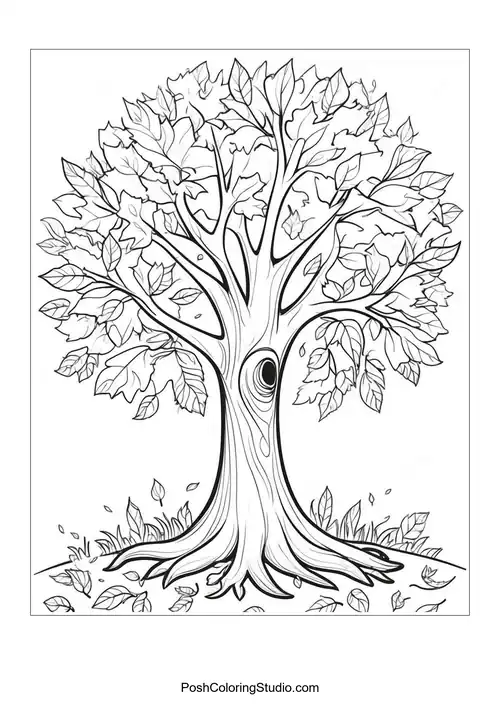 A tree with a detailed trunk and leaves on the ground.