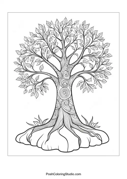 A tree with large roots and decorative leaves.