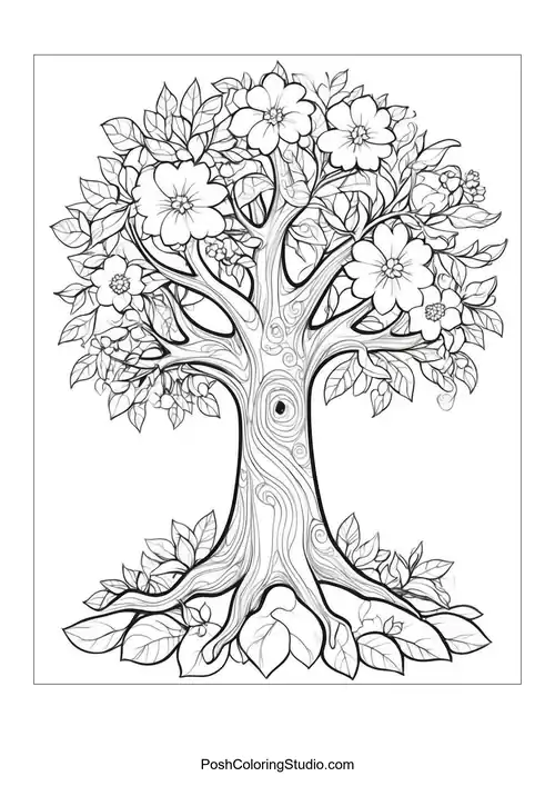A flowering tree with blossoms and intricate details.