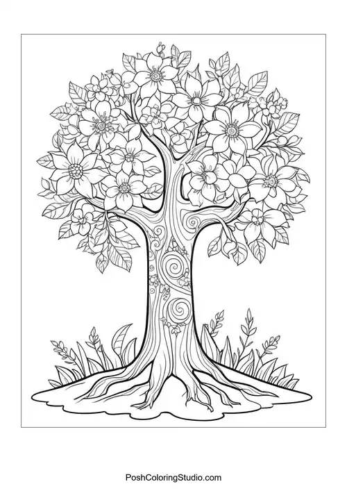 A tree filled with flowers and leafy details.