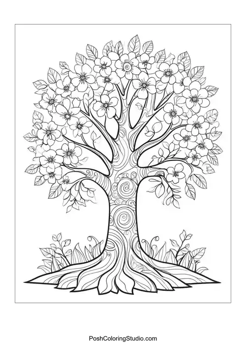 A tree with numerous flowers and decorative elements.