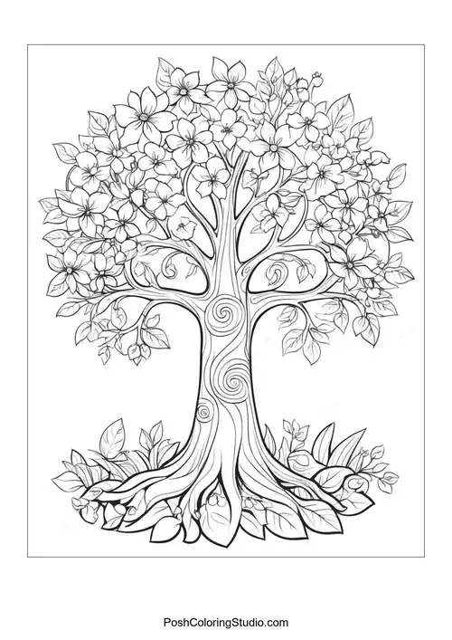 A tree with flowers and a circular decorative border.