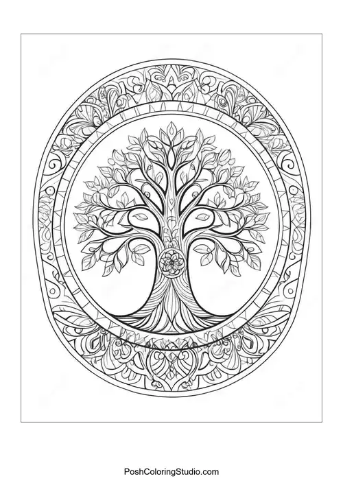 A tree with a Celtic knot design and intricate details.