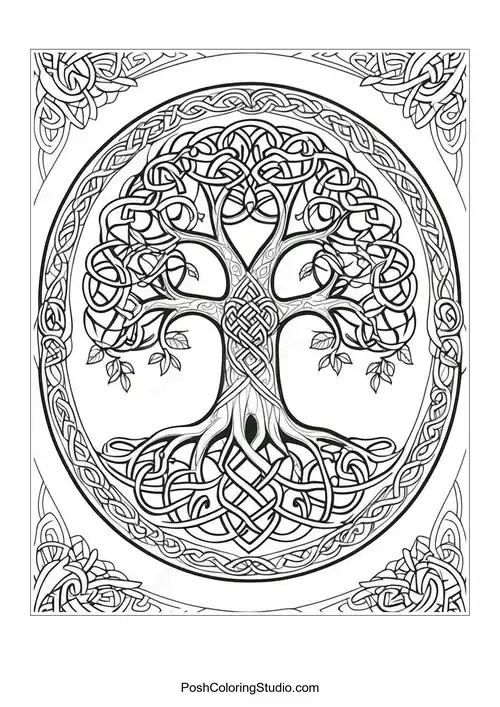 A tree with a complex knot design and decorative elements.