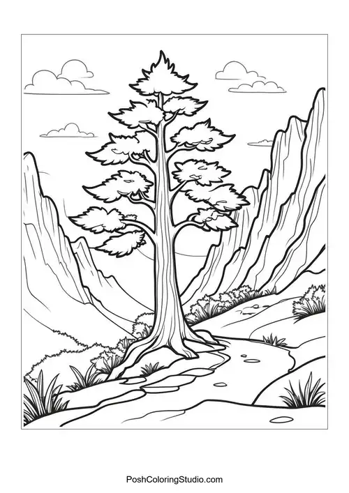 A tall tree in a mountainous landscape.